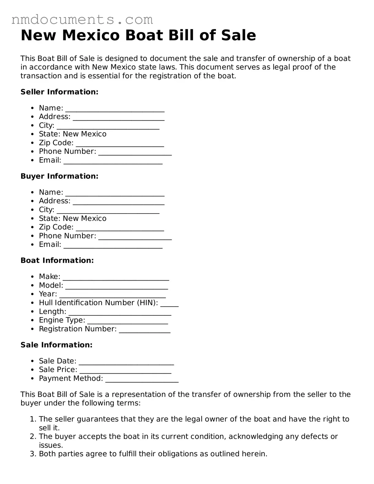 Valid New Mexico Boat Bill of Sale Document