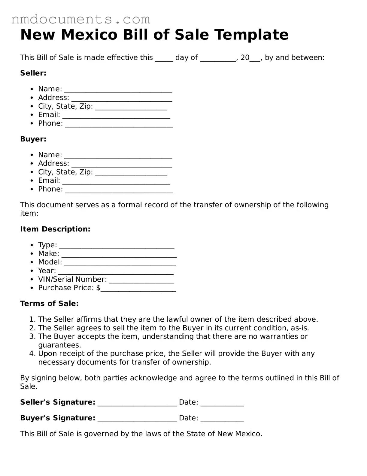 Valid New Mexico Bill of Sale Document