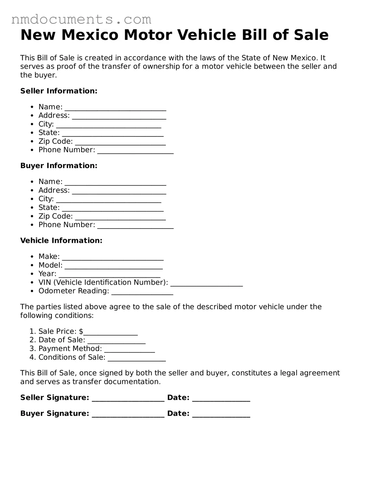 Valid New Mexico Motor Vehicle Bill of Sale Document