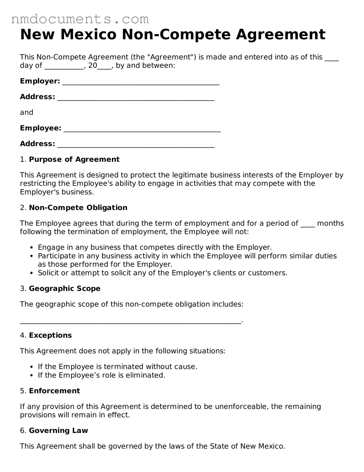 Valid New Mexico Non-compete Agreement Document