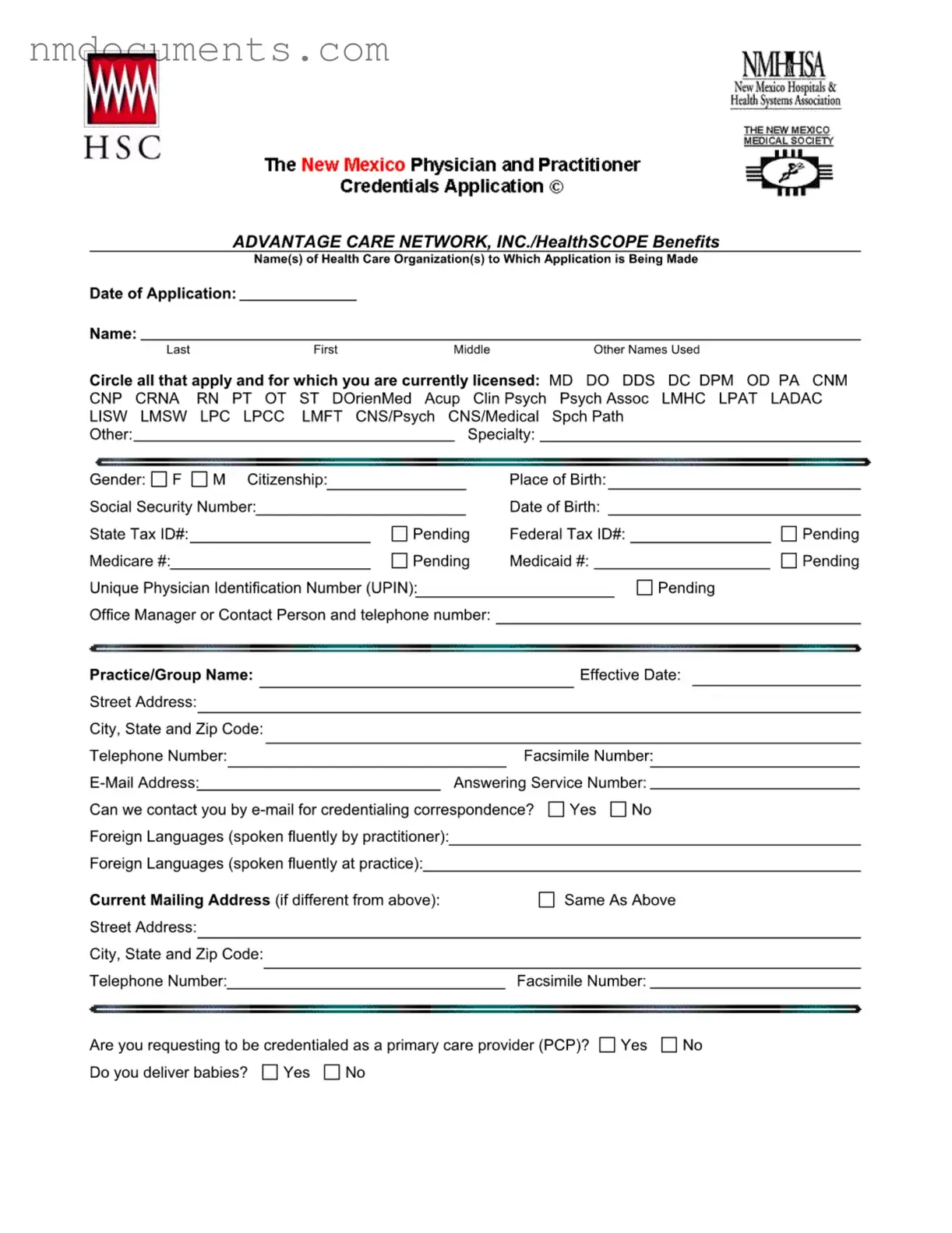 Printable New Mexico Credentialing Application Form in PDF