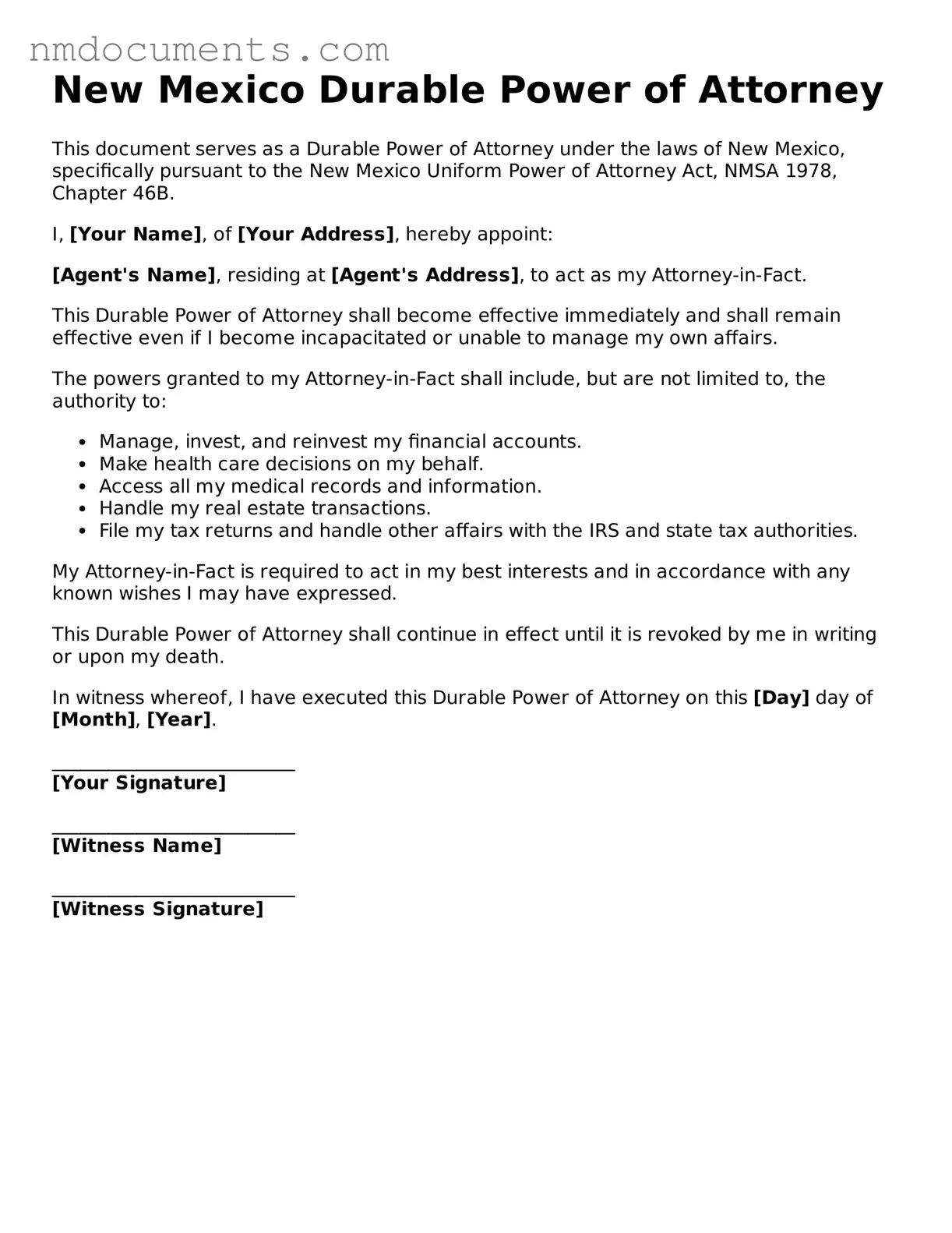 Valid New Mexico Durable Power of Attorney Document