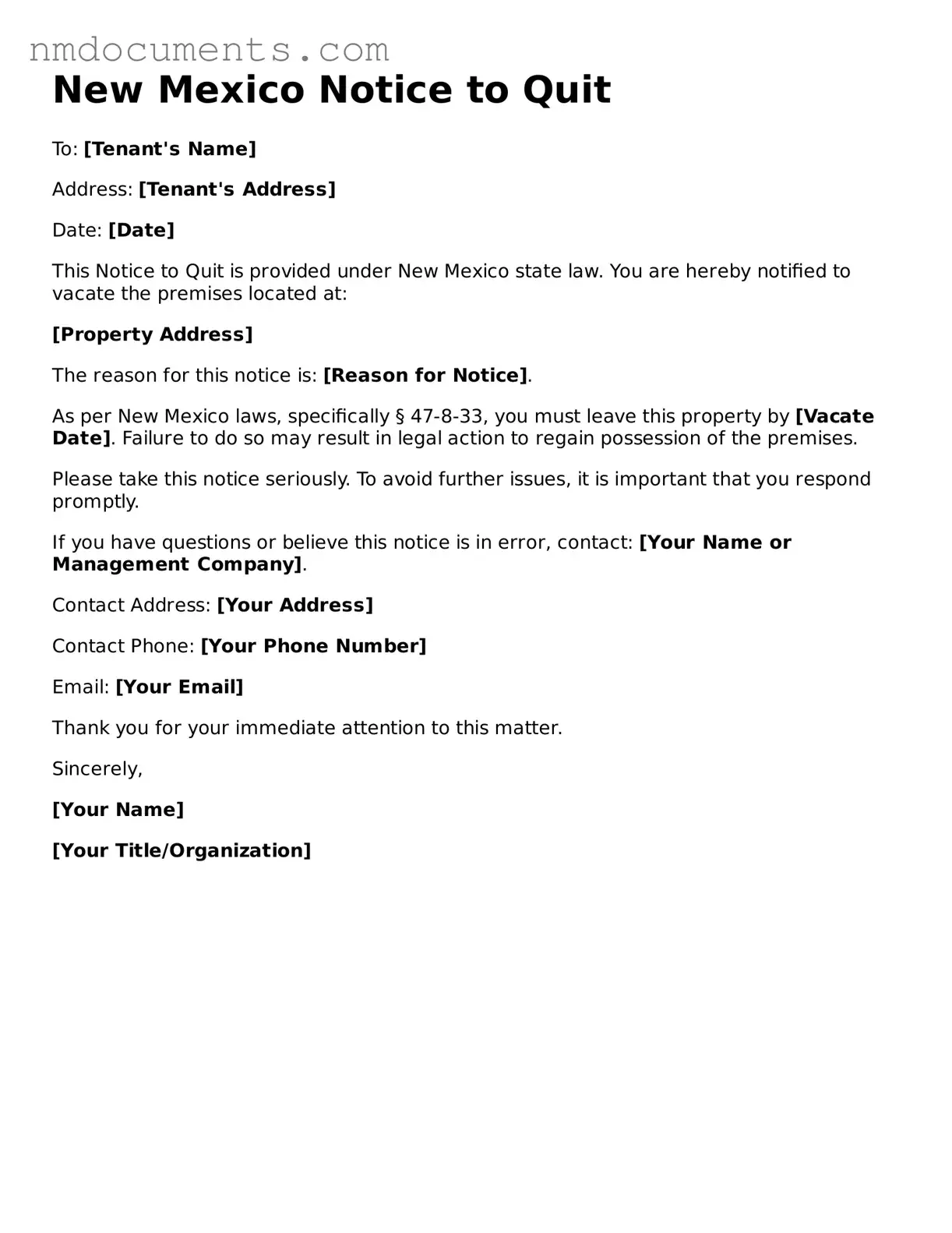 Valid New Mexico Notice to Quit Document
