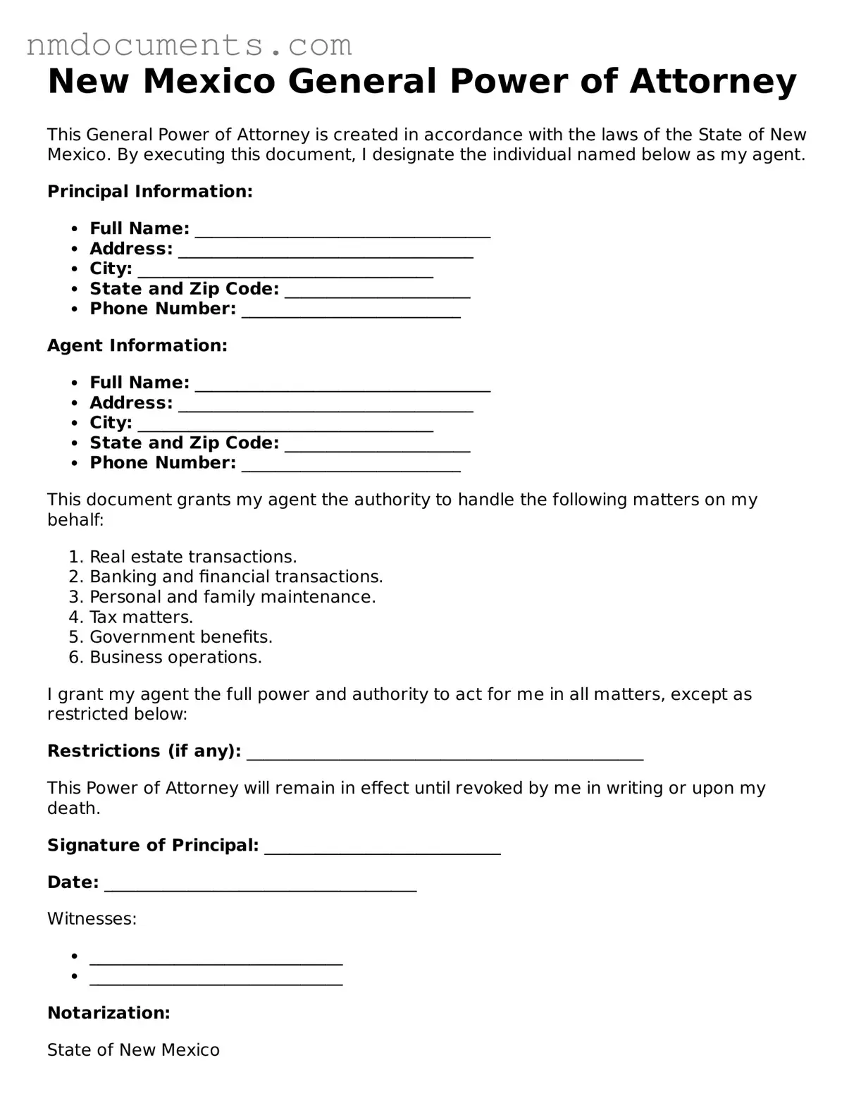 Valid New Mexico General Power of Attorney Document