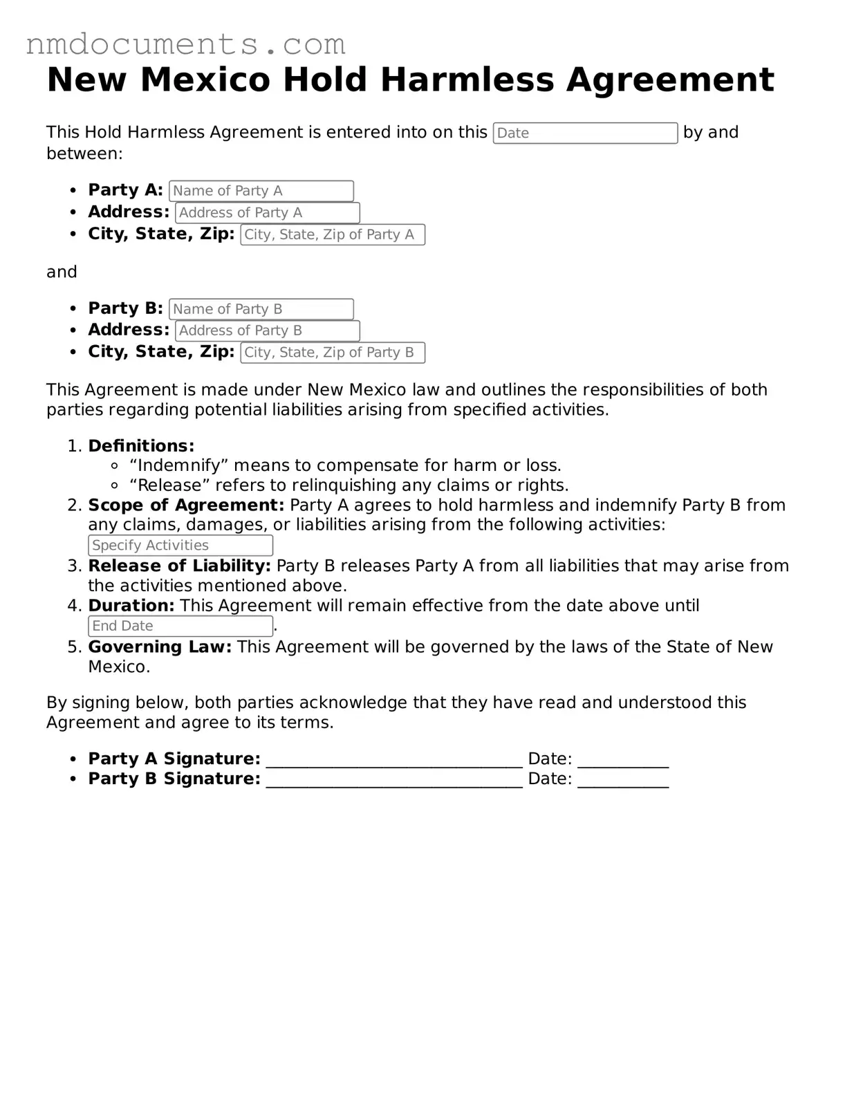 Valid New Mexico Hold Harmless Agreement Document