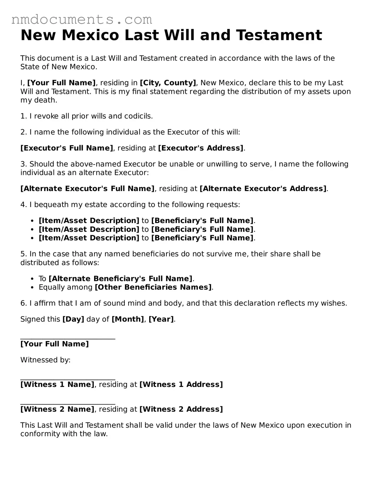 Valid New Mexico Last Will and Testament Document
