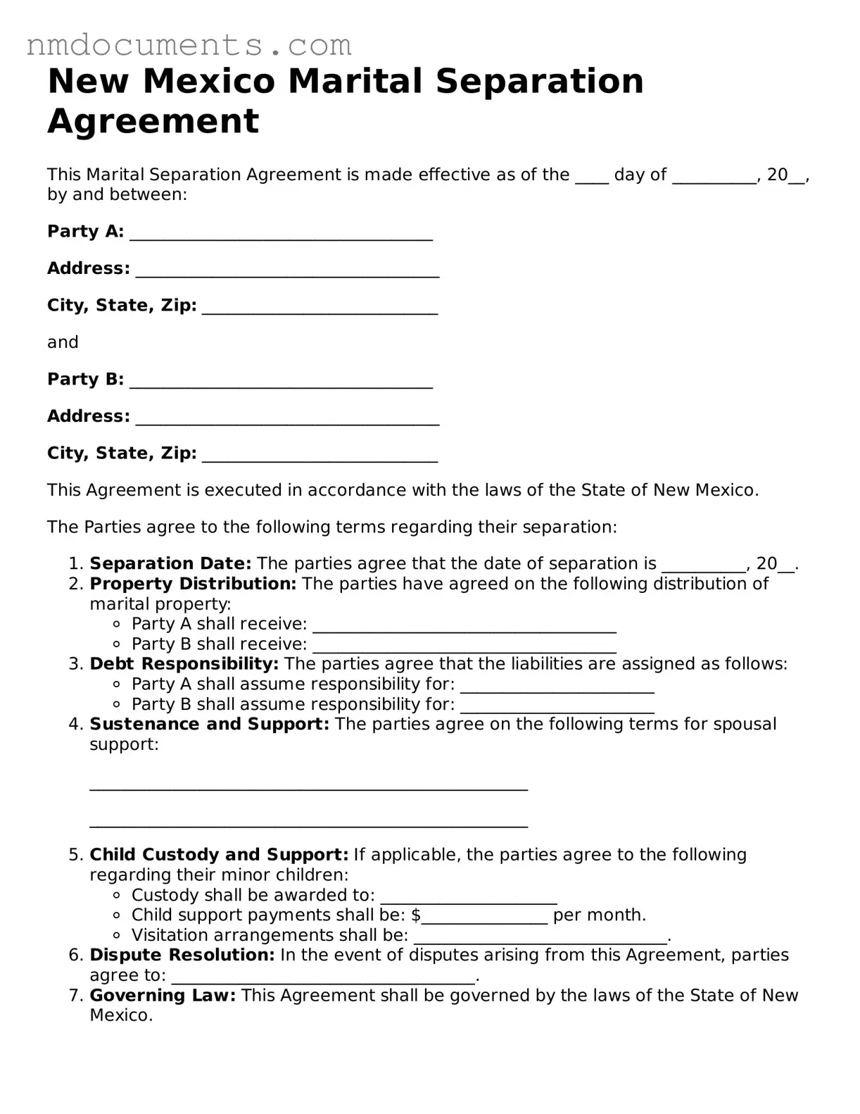 Valid New Mexico Marital Separation Agreement Document