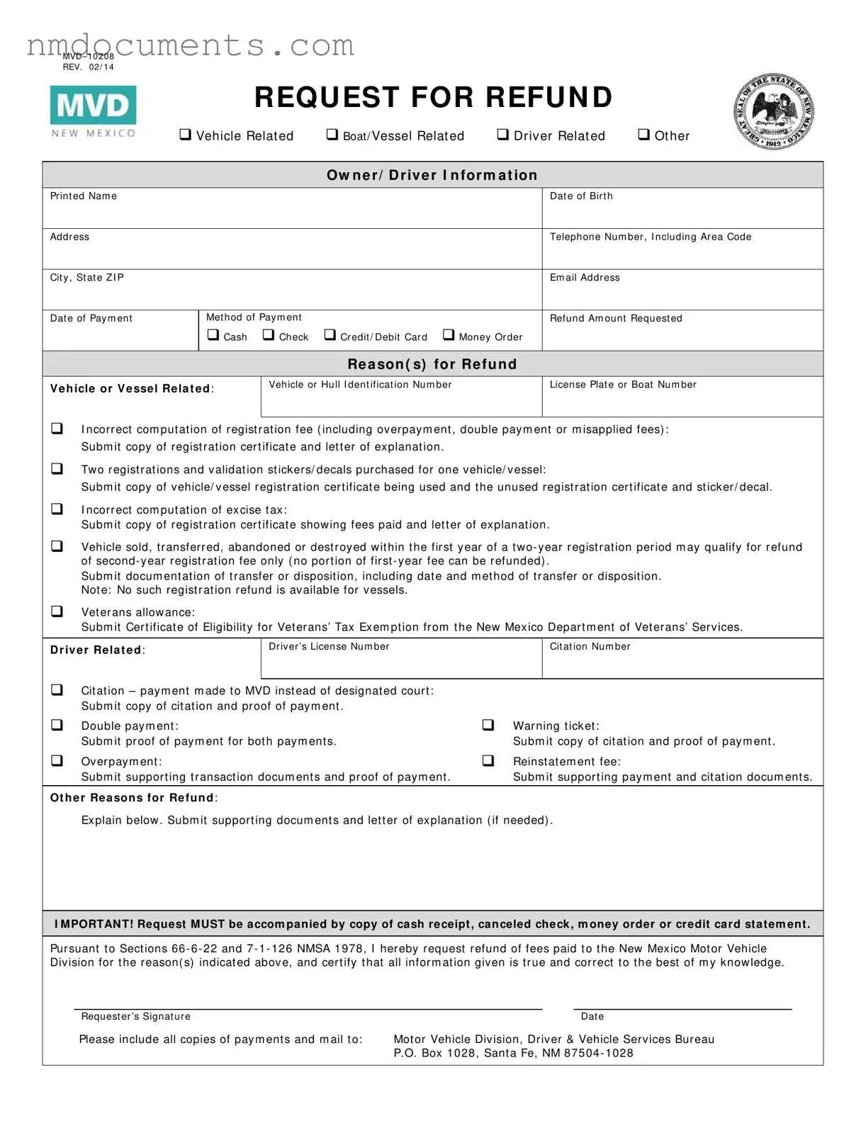 Printable New Mexico Request For Refund Form in PDF