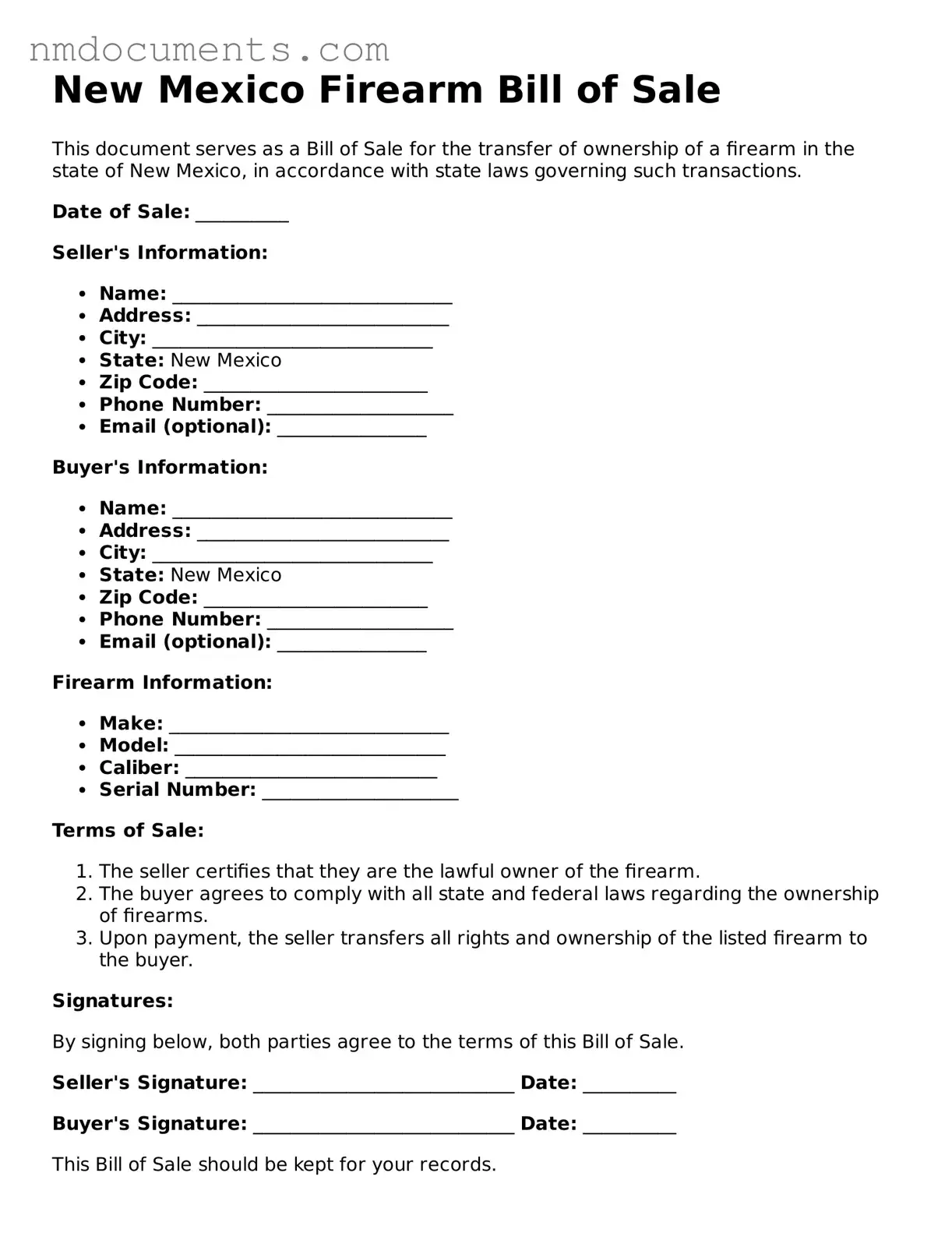 Valid New Mexico Firearm Bill of Sale Document