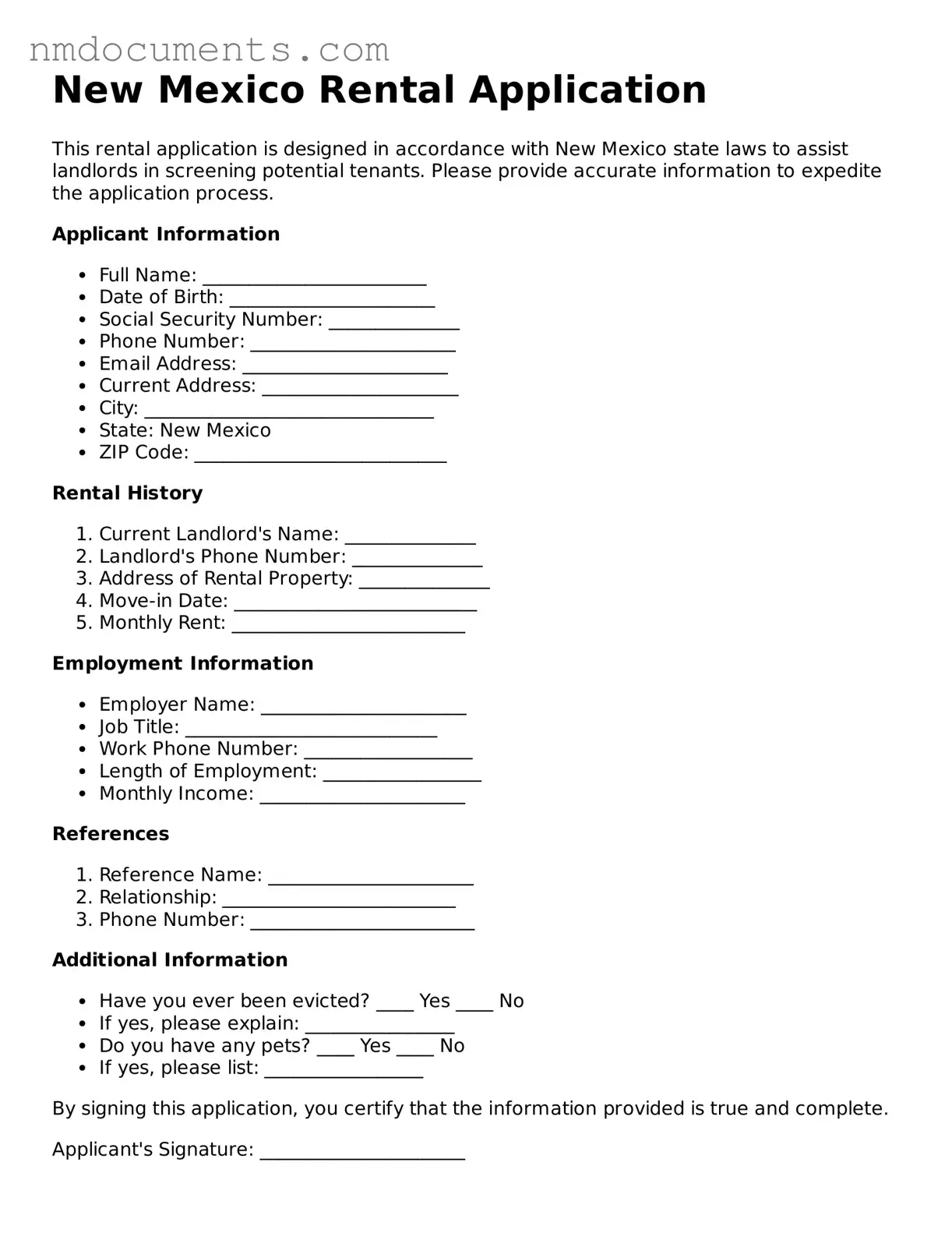 Valid New Mexico Rental Application Document