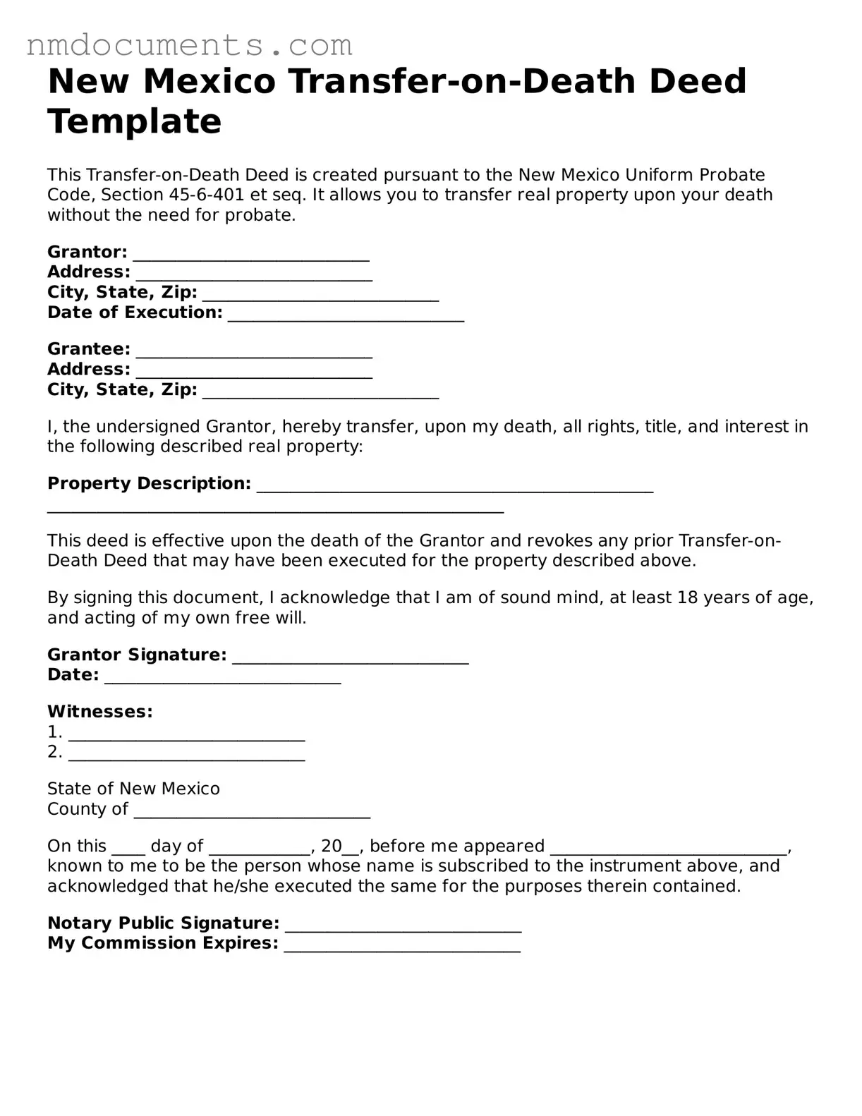 Valid New Mexico Transfer-on-Death Deed Document