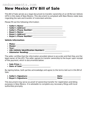 Valid New Mexico ATV Bill of Sale Document