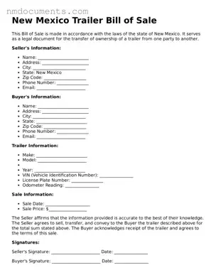 Valid New Mexico Trailer Bill of Sale Document