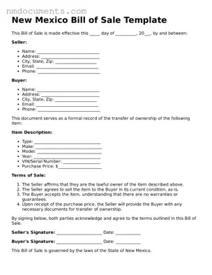 Valid New Mexico Bill of Sale Document