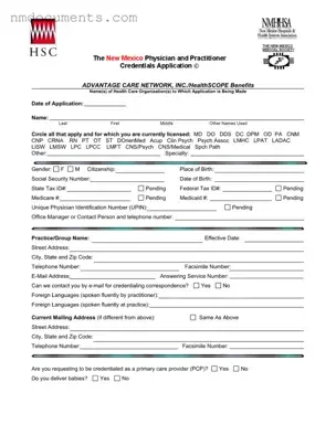 Printable New Mexico Credentialing Application Form in PDF