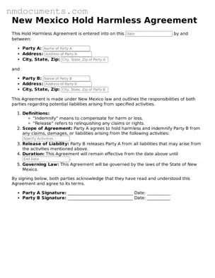 Valid New Mexico Hold Harmless Agreement Document