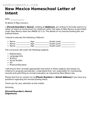 Valid New Mexico Homeschool Letter of Intent Document