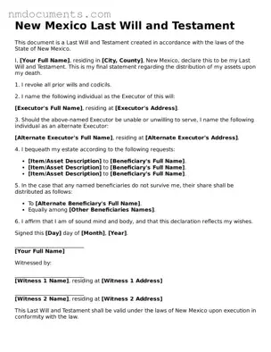 Valid New Mexico Last Will and Testament Document