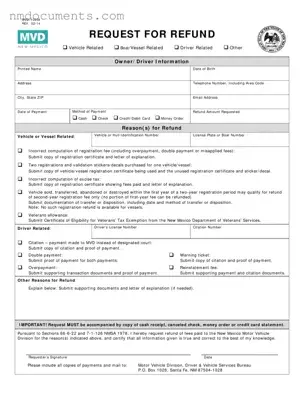 Printable New Mexico Request For Refund Form in PDF