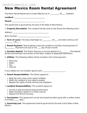 Valid New Mexico Room Rental Agreement Document